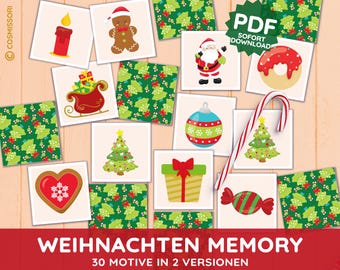 CHRISTMAS ADVENT MEMORY Print template picture cards Montessori cards game pairs pdf diy game kindergarten daycare child print yourself