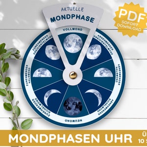 Pode incluir: Uma roda de fases lunares imprimível com fundo azul e texto branco. A roda mostra as diferentes fases da lua, incluindo lua nova, crescente crescente, quarto crescente, gibosa crescente, lua cheia, gibosa minguante, quarto minguante e crescente minguante. O texto na roda está em alemão. A roda está sobre um fundo de madeira branco. O texto "PDF SOFORT DOWNLOAD" está em uma estrela amarela.