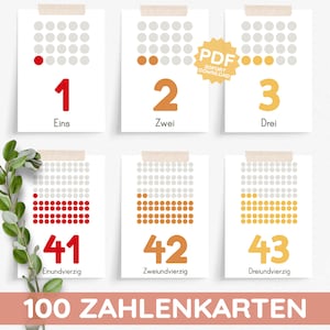 100 Zahlen Karten Punkte systematische Übersicht einheitlich Farbsystem minimalistisch PDF Vorlage Zählen lernen Kind deutsch Ziffer Wort