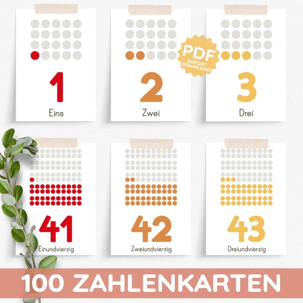 100 numbers cards points systematic overview uniform color system minimalistic PDF template learning to count child German digit word
