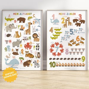 Alphabet Zahlen Tiere Poster zweier Set Wandkunst Kinderzimmer Kita Tieralphabet Deko druckbar deutsch Geschenk Baby Kleinkind Kind DIY JPEG