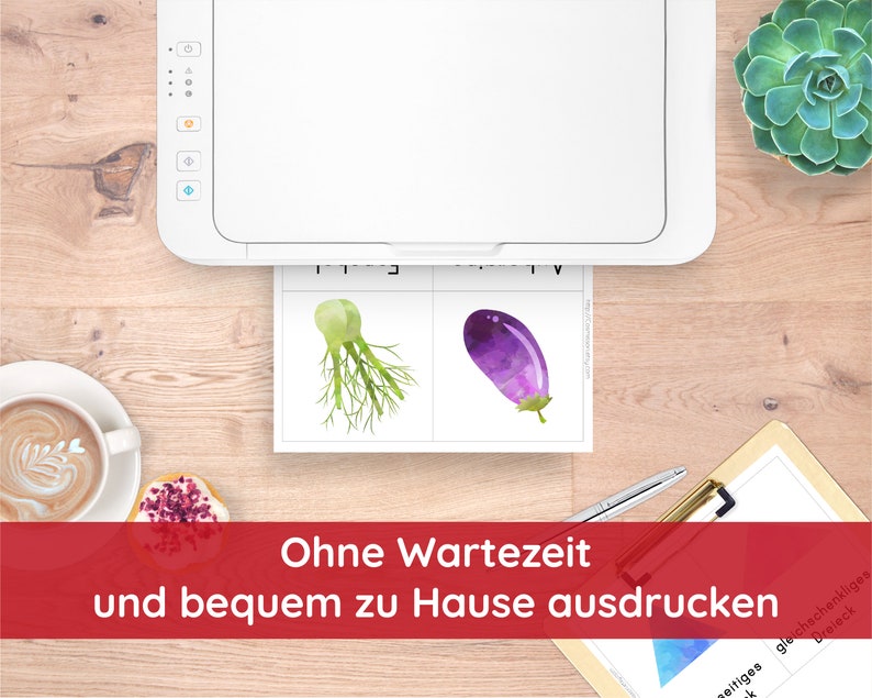 May include: A white printer with a sheet of paper in the tray. The paper has two images of vegetables: a green fennel and a purple eggplant. The text on the paper says "Ohne Wartezeit und bequem zu Hause ausdrucken".