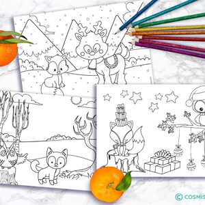 May include: A collection of black and white coloring pages featuring woodland animals and winter scenes. Includes a fox, owl, deer, and cat. Colored pencils and a tangerine are also in the image.