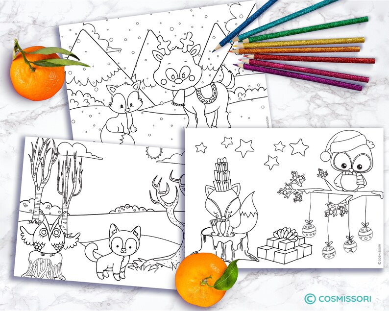 May include: A collection of black and white coloring pages featuring woodland animals and winter scenes. Includes a fox, owl, deer, and cat. Colored pencils and a tangerine are also in the image.
