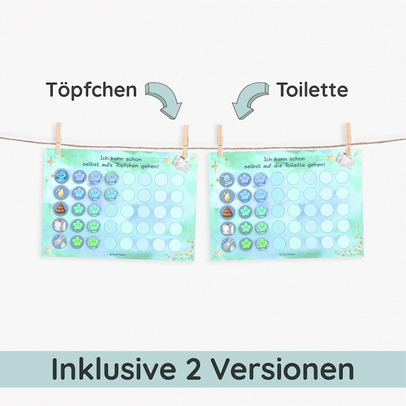 Puede incluir: Dos tablas de entrenamiento para ir al ba&ntilde;o imprimibles azules y verdes con estrellas e iconos. La tabla de la izquierda dice "Ich kann schon selbst aufs Topfchen gehen!" y la tabla de la derecha dice "Ich kann schon selbst auf die Toilette gehen!"