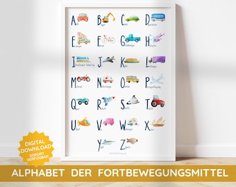 Alphabet Vehicles Means of Transport Transport Poster Children's Room Boy Boy's Room Decoration Gift Montessori Mural Learning Poster