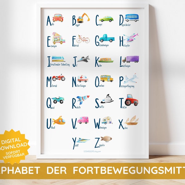 Alphabet Fahrzeuge Verkehrsmittel Fortbewegung Transport Poster Kinderzimmer Junge Jungenzimmer Deko Geschenk Montessori Wandbild Lernposter