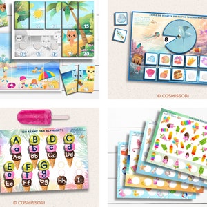 May include: A set of colorful printable educational games for kids featuring summer themes like ice cream, seashells, and a beach scene. The games include counting, matching, and alphabet activities.
