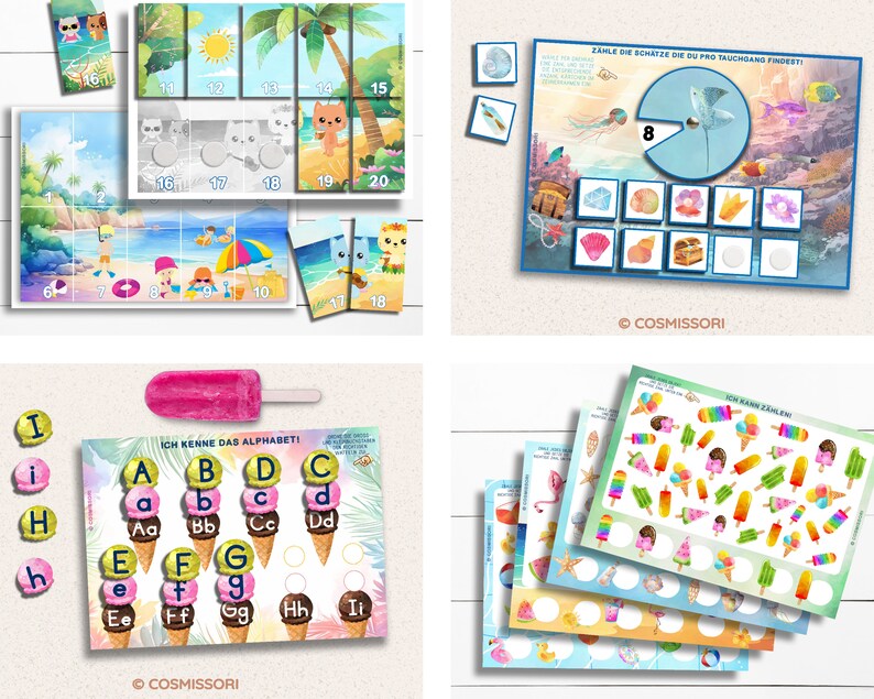 May include: A set of colorful printable educational games for kids featuring summer themes like ice cream, seashells, and a beach scene. The games include counting, matching, and alphabet activities.