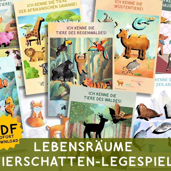 Tierschatten Spiel Tiere & ihre Lebensräume PDF Lernspiel Montessori Kleinkind Schattenspiel Ausdrucken Aquarell Puzzle Baby Geschenk DIY
