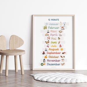 12 MESES Cartel BOHO Pared Arte Montessori Sala de juegos Niño Bebé Niño Niño Kita Aprendizaje Cartel Habitación de los Niños Mural Arte Educativo Alemán