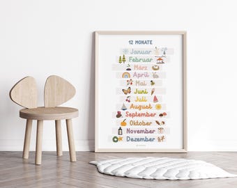 12 Months Poster Boho Wall Art Montessori Playroom Child Baby Toddler Daycare Learning Poster Nursery Wall Picture Educational Art German