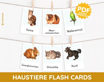 ANIMALI DOMESTICI Cartoline illustrate Montessori carte didattiche ad acquerello carta per piccoli animali roditore modello PDF stampabile bambino espansione del vocabolario del bambino tedesco