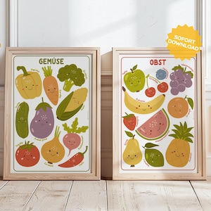 Obst Gemüse Poster zweier Set Früchte Wandkunst Kinderzimmer Kita Boho Kunst Deko druckbar deutsch Geschenk Baby Kleinkind Kind DIY JPEG