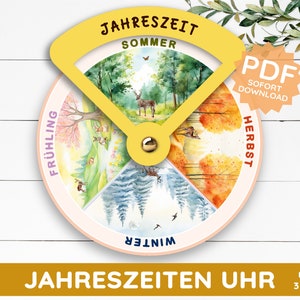 Puede incluir: Una rueda imprimible colorida con ilustraciones de las cuatro estaciones: primavera, verano, otoño e invierno. La rueda está etiquetada como "Jahreszeiten Uhr", que se traduce como "Reloj de estaciones" en inglés. El texto "Über 3 Stile" también es visible, que se traduce como "Más de 3 estilos".