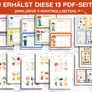 Puede incluir: Un conjunto de 13 p&aacute;ginas PDF imprimibles que presentan un juego de emparejamiento para ni&ntilde;os. El juego presenta diferentes profesiones, incluyendo un m&eacute;dico, un astronauta, un panadero, un polic&iacute;a, y m&aacute;s. Cada p&aacute;gina tiene una cuadr&iacute;cula con im&aacute;genes de diferentes objetos relacionados con cada profesi&oacute;n. El juego est&aacute; dise&ntilde;ado para ayudar a los ni&ntilde;os a aprender sobre diferentes profesiones y desarrollar sus habilidades de emparejamiento.