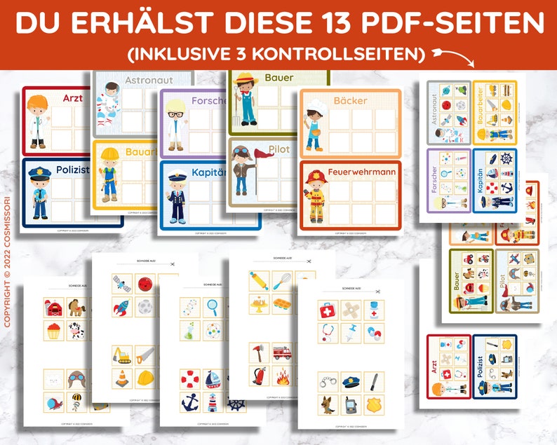 Puede incluir: Un conjunto de 13 p&aacute;ginas PDF imprimibles que presentan un juego de emparejamiento para ni&ntilde;os. El juego presenta diferentes profesiones, incluyendo un m&eacute;dico, un astronauta, un panadero, un polic&iacute;a, y m&aacute;s. Cada p&aacute;gina tiene una cuadr&iacute;cula con im&aacute;genes de diferentes objetos relacionados con cada profesi&oacute;n. El juego est&aacute; dise&ntilde;ado para ayudar a los ni&ntilde;os a aprender sobre diferentes profesiones y desarrollar sus habilidades de emparejamiento.