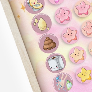May include: A set of 10 colorful, round stickers with cartoon characters and German phrases. The stickers feature a toilet, a drop of pee, a pile of poop, a roll of toilet paper, and hands washing with soap. Each sticker has a pink background with a white border and a cute cartoon character.