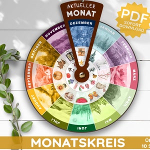 May include: A circular wooden calendar with watercolor illustrations for each month. The calendar features a rotating pointer indicating "Dezember" and includes the text "Aktueller Monat" and "PDF Sofort Download".