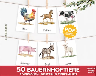 50 realistische Bauernhof Tiere Montessori Blitzkarte Bildkarte Wortkarte Bauernhoftiere Nutztiere Hoftiere Landwirtschaft PDF Karten Kind