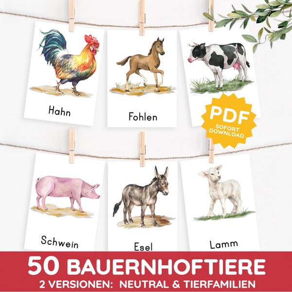 50 realistische Bauernhof Tiere Montessori Blitzkarte Bildkarte Wortkarte Bauernhoftiere Nutztiere Hoftiere Landwirtschaft PDF Karten Kind