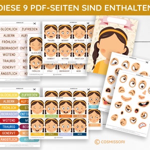 May include: Nine printable PDF pages with various facial expressions and emotions in German. The pages include a girl's face with different expressions, a set of eyes, mouths, and noses, and a set of words describing emotions in German.