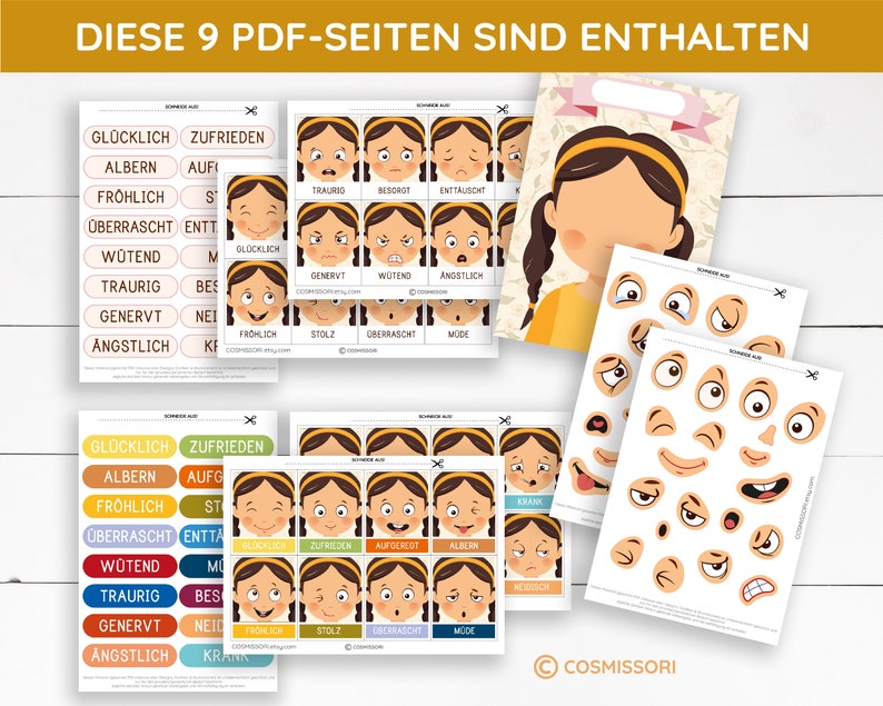 May include: Nine printable PDF pages with various facial expressions and emotions in German. The pages include a girl's face with different expressions, a set of eyes, mouths, and noses, and a set of words describing emotions in German.