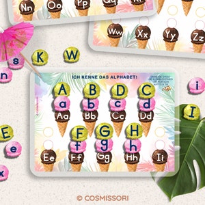 May include: A colorful educational game for learning the alphabet. The game features ice cream cones with letters on them. The letters are in uppercase and lowercase. The game is designed to help children learn the alphabet in a fun and engaging way.