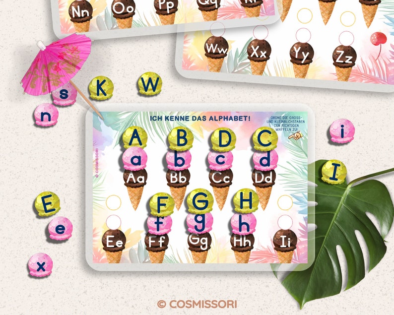 May include: A colorful educational game for learning the alphabet. The game features ice cream cones with letters on them. The letters are in uppercase and lowercase. The game is designed to help children learn the alphabet in a fun and engaging way.