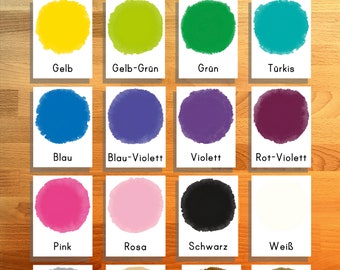 20 tarjetas didácticas de colores, tarjetas didácticas minimalistas Montessori, Alemania, descarga instantánea en PDF, archivo de guardería alemán para bebés arcoíris.