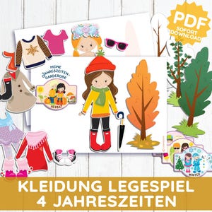 Peut inclure: Un téléchargement numérique avec des poupées en papier et des vêtements de saison. L'image comprend une poupée en papier habillée en automne, ainsi que diverses tenues et accessoires pour les différentes saisons. Le texte comprend "PDF SOFORT DOWNLOAD" et "KLEIDUNG LEGESPIEL 4 JAHRESZEITEN".