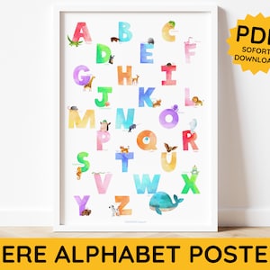 Alfabeto de animales Alfabeto de animales Habitación infantil Póster de acuarela Descargar Animales Letras DIN A3 A2 Imprimir Póster de aprendizaje Lectura Aprendizaje Niño Bebé Alemán