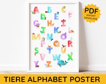 Alphabet Tieralphabet Kinderzimmer Aquarell Poster Download Tiere Buchstaben DIN A3 A2 Ausdrucken Lernposter Lesen Lernen Kind Baby deutsch