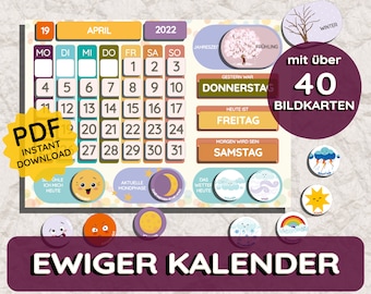 Perpetual Calendar Children's Calendar Annual Calendar Montessori Child Print Instant Instant Download Preschool Child Weather Station Time Germany