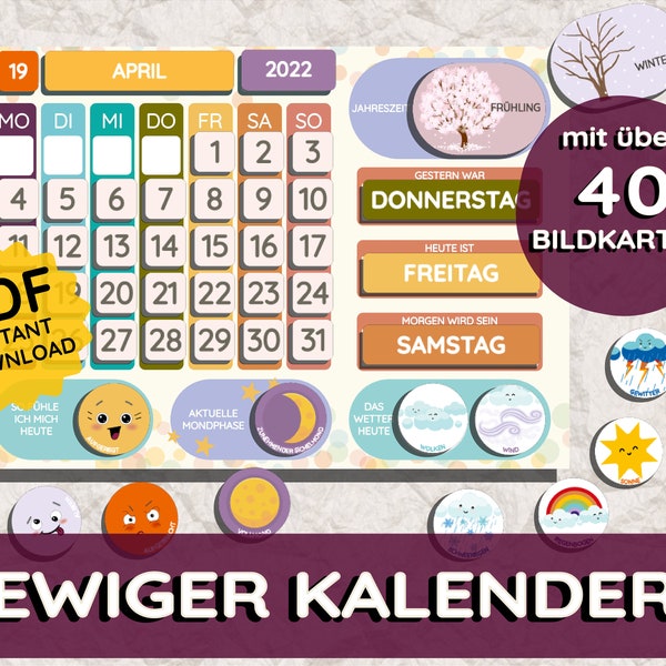 Ewiger Kalender Kinderkalender Jahreskalender Montessori Kind Ausdrucken Instant Sofort Download Vorschulkind Wetterstation Zeit Deutschland