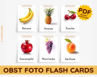 Cartes flash photo de fruits Cartes illustrées Montessori Cartes d’apprentissage Cartes de nomenclature Livre d’images flexible PDF Téléchargement instantané Enfant en bas âge Allemand DIY