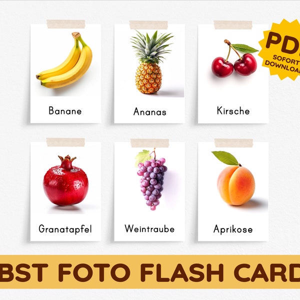 Obst Foto Flash Cards Montessori Bildkarten Lernkarten Nomenklaturkarten flexibles Bilderbuch PDF Sofort Download Kleinkind Kind deutsch DIY