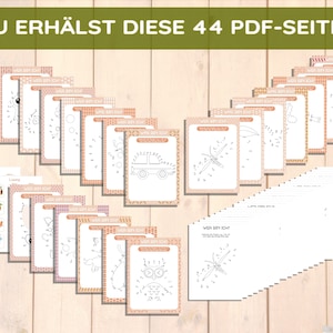 May include: A set of 44 printable dot-to-dot activity pages featuring various animals, objects, and designs. The pages are designed for children to connect the dots in numerical order to reveal the hidden image. The title of the pages is "Wer bin ich?" which translates to "Who am I?" in English.