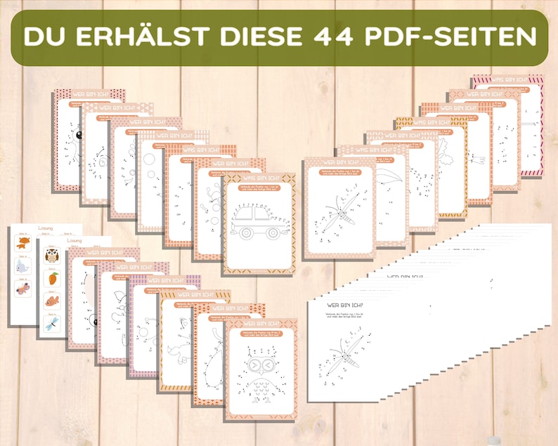 May include: A set of 44 printable dot-to-dot activity pages featuring various animals, objects, and designs. The pages are designed for children to connect the dots in numerical order to reveal the hidden image. The title of the pages is "Wer bin ich?" which translates to "Who am I?" in English.