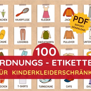 100x guarda-roupa infantil Montessori cartões ilustrados para quarto infantil para arrumar, aprender de forma independente e pendurar alemão para crianças pequenas