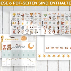 May include: A printable set of 6 pages for a morning and evening routine chart. The chart features a sun, moon, and animal illustrations. The text on the chart says "Meine Morgenroutine" and "Meine Abendroutine".