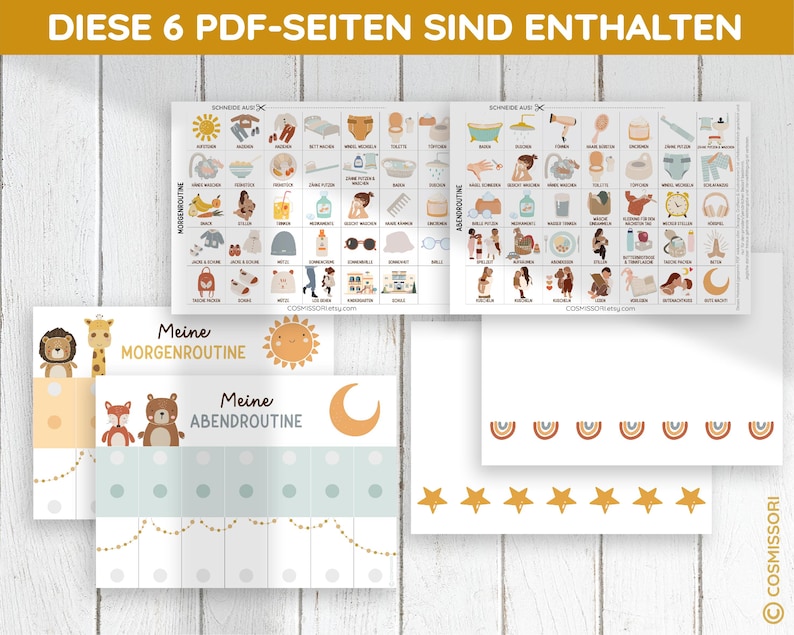 May include: A printable set of 6 pages for a morning and evening routine chart. The chart features a sun, moon, and animal illustrations. The text on the chart says "Meine Morgenroutine" and "Meine Abendroutine".