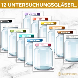 K&ouml;nnte beinhalten: Zw&ouml;lf leere Glasbeh&auml;lter mit bunten Deckeln, beschriftet mit den Farben: Schwarz, Wei&szlig;, Gr&uuml;n, T&uuml;rkis, Blau, Rosa, Orange, Braun, Grau, Gelb, Rot und Violett. Die Beh&auml;lter sind in einer Reihe angeordnet, wobei die Deckel zum Betrachter zeigen. Der Text "12 UNTERSUCHUNGSGL&Auml;SER..." befindet sich oben im Bild.
