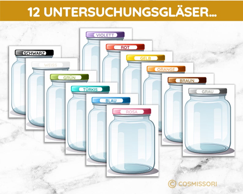 K&ouml;nnte beinhalten: Zw&ouml;lf leere Glasbeh&auml;lter mit bunten Deckeln, beschriftet mit den Farben: Schwarz, Wei&szlig;, Gr&uuml;n, T&uuml;rkis, Blau, Rosa, Orange, Braun, Grau, Gelb, Rot und Violett. Die Beh&auml;lter sind in einer Reihe angeordnet, wobei die Deckel zum Betrachter zeigen. Der Text "12 UNTERSUCHUNGSGL&Auml;SER..." befindet sich oben im Bild.
