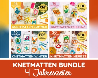 May include: A collage of four images showing different play dough mats for each season. The mats feature various shapes and designs, such as a sailboat, a sun, a snowflake, and a pumpkin. The text "Knetmatten Bundle 4 Jahreszeiten" is displayed at the bottom of the image.