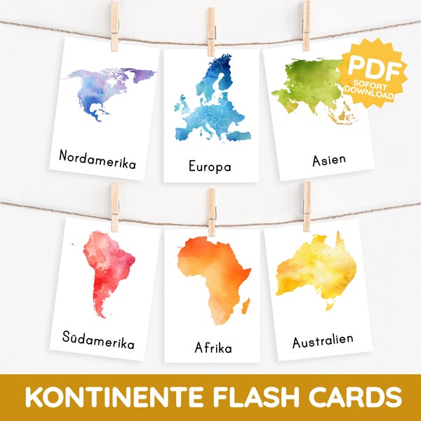 KONTINENTE Montessori Bildkarten Aquarell Lernkarten Weltkarte Erste Geografie Erde PDF Vorlage druckbar Kind deutsch Kleinkind Wortschatz