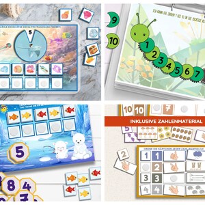 May include: Four colorful educational games for kids featuring counting and number recognition. The games include a counting caterpillar, a fish counting game, a counting game with a polar bear and a counting game with a stingray.