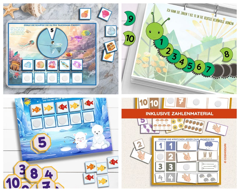 May include: Four colorful educational games for kids featuring counting and number recognition. The games include a counting caterpillar, a fish counting game, a counting game with a polar bear and a counting game with a stingray.
