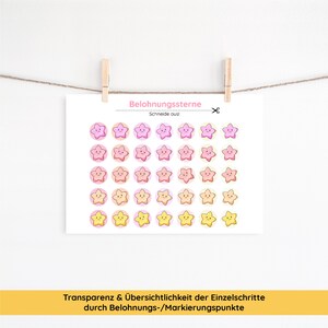May include: A printable sheet of 48 reward stars with happy faces. The stars are in three colors: pink, orange, and yellow. The sheet has the text "Belohnungssterne" and "Schneide aus!" printed on it.