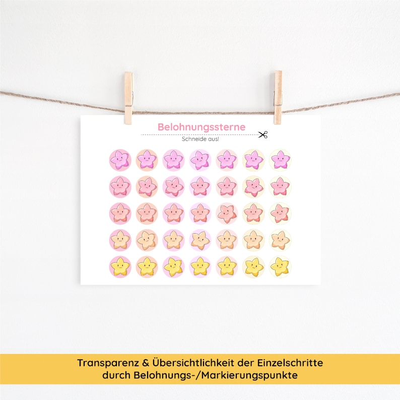 May include: A printable sheet of 48 reward stars with happy faces. The stars are in three colors: pink, orange, and yellow. The sheet has the text "Belohnungssterne" and "Schneide aus!" printed on it.